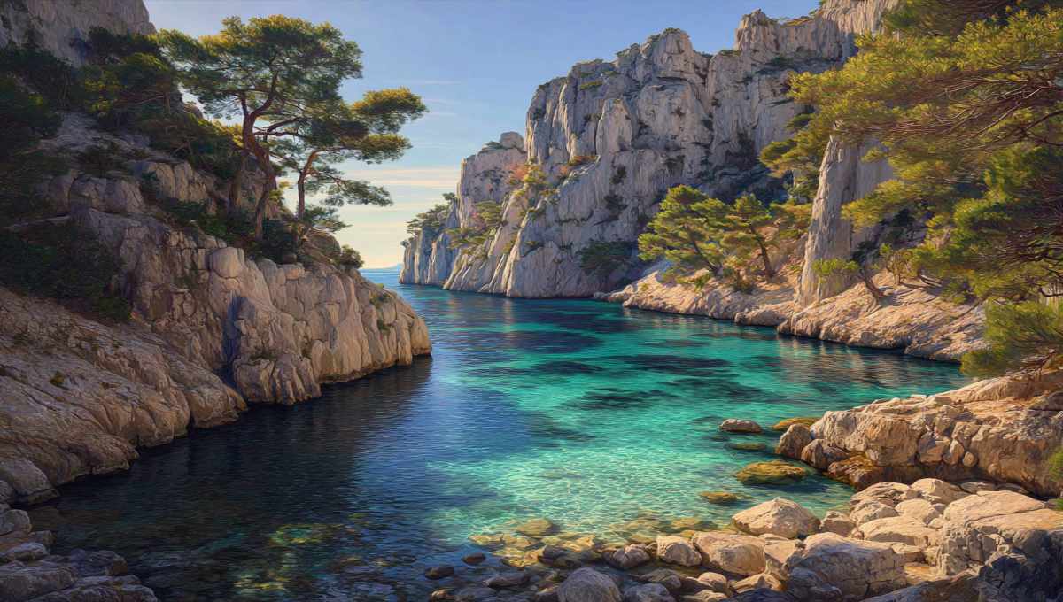 ue plongeante sur la Calanque d'En-Vau, le joyau des Calanques de Cassis, accessible par un itinéraire à pied exigeant.