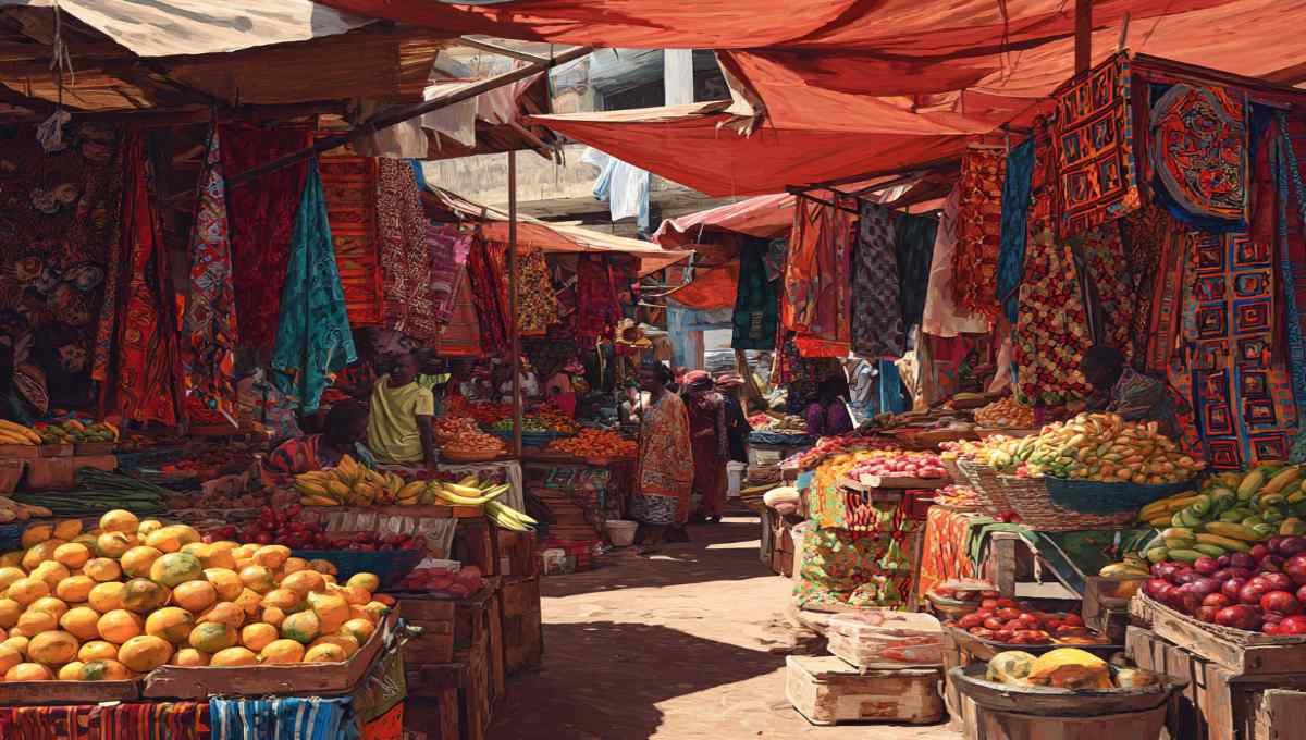 Marché local coloré à Dakar au Sénégal avec fruits et légumes frais pour réduire le coût de la vie