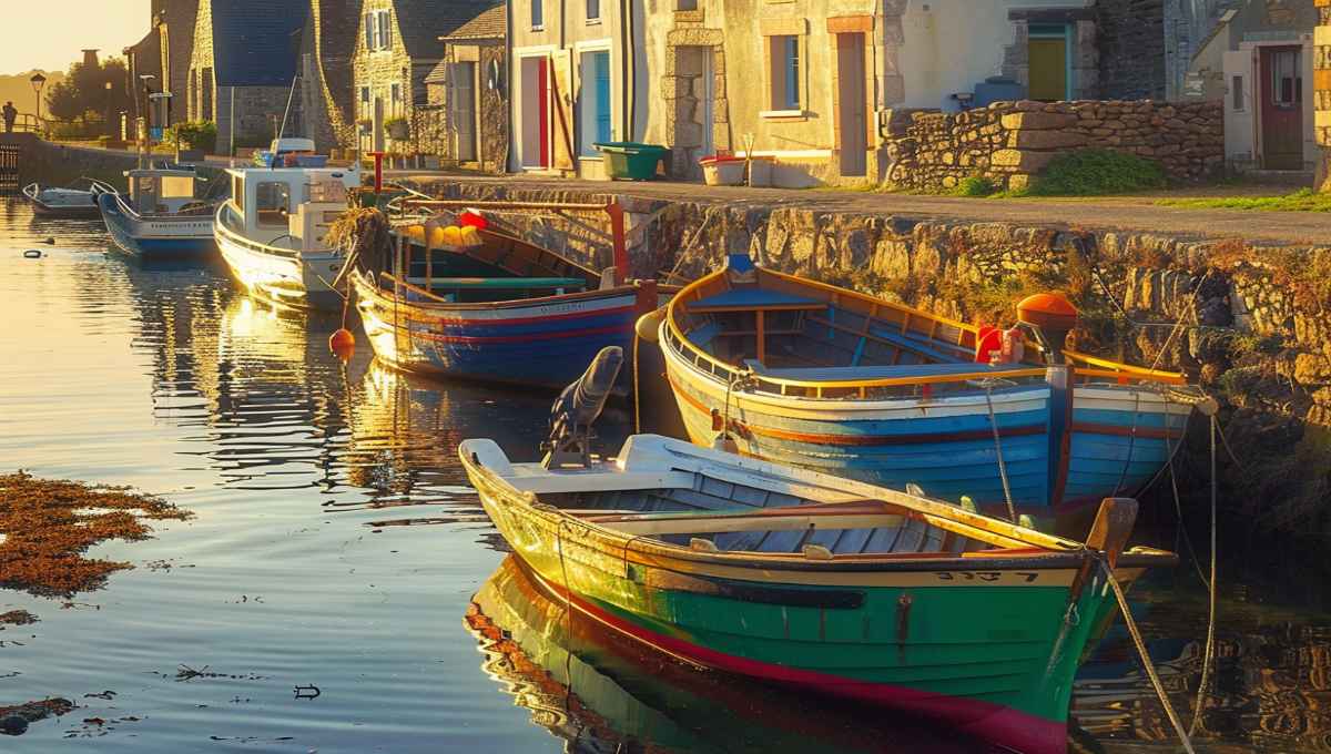 Petit port de pêche breton avec bateaux traditionnels amarrés, atmosphère paisible et authentique