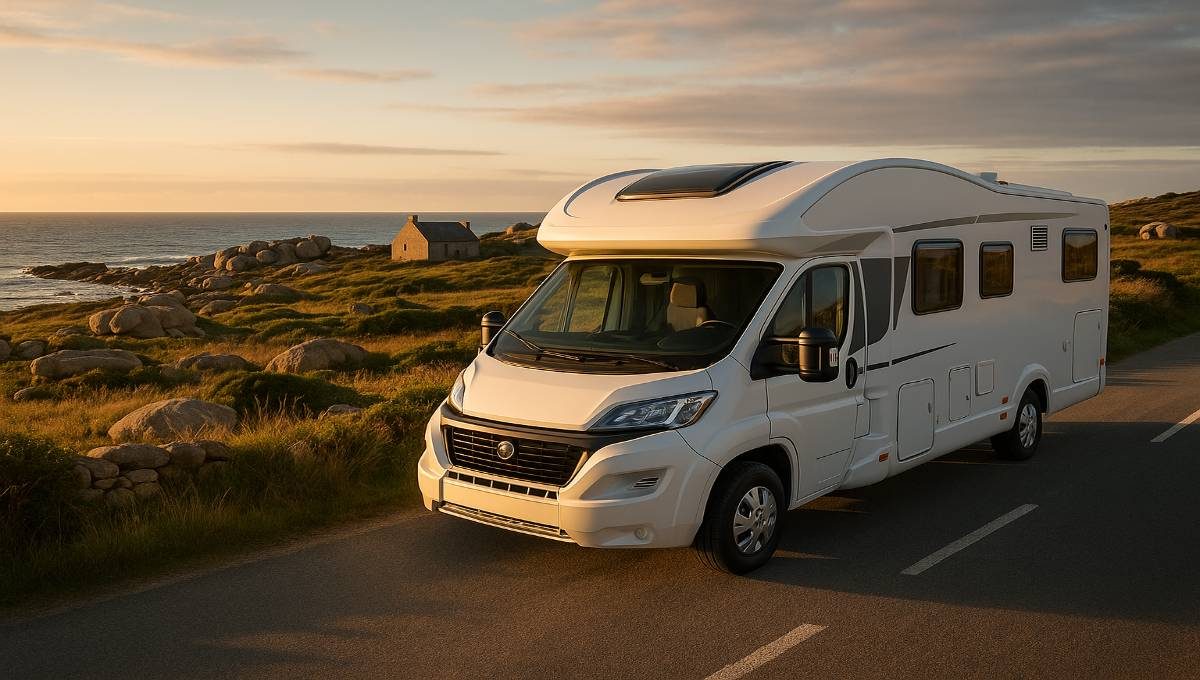 guide-camping-car-debutant-2025-bretagne-cote.jpg Guide camping-car débutant 2025 : camping-car moderne sur route côtière bretonne